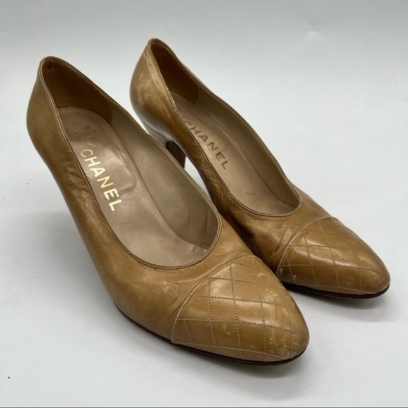 Chanel Tan Pumps Heels Quilted Pattern Toe Cap - Picture 1 of 9